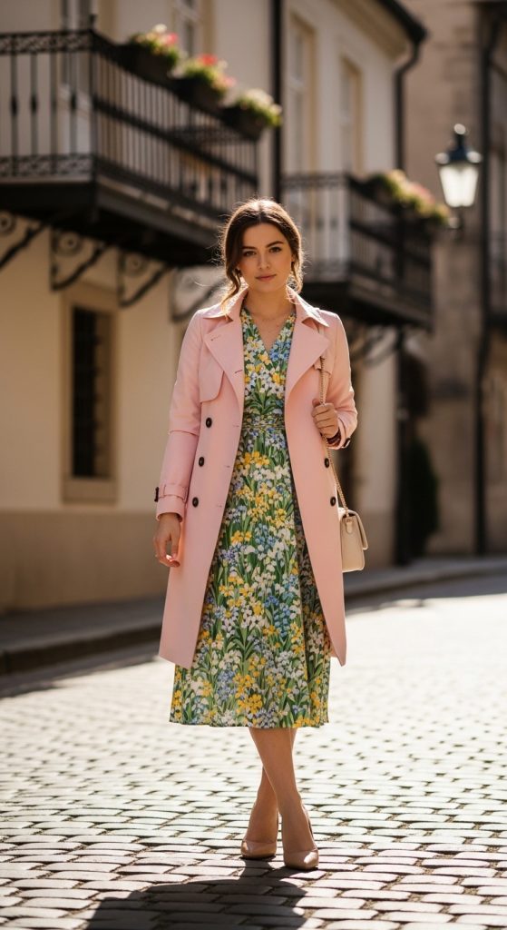 Pastel trench coat layering