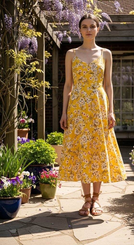 Yellow floral midi dress